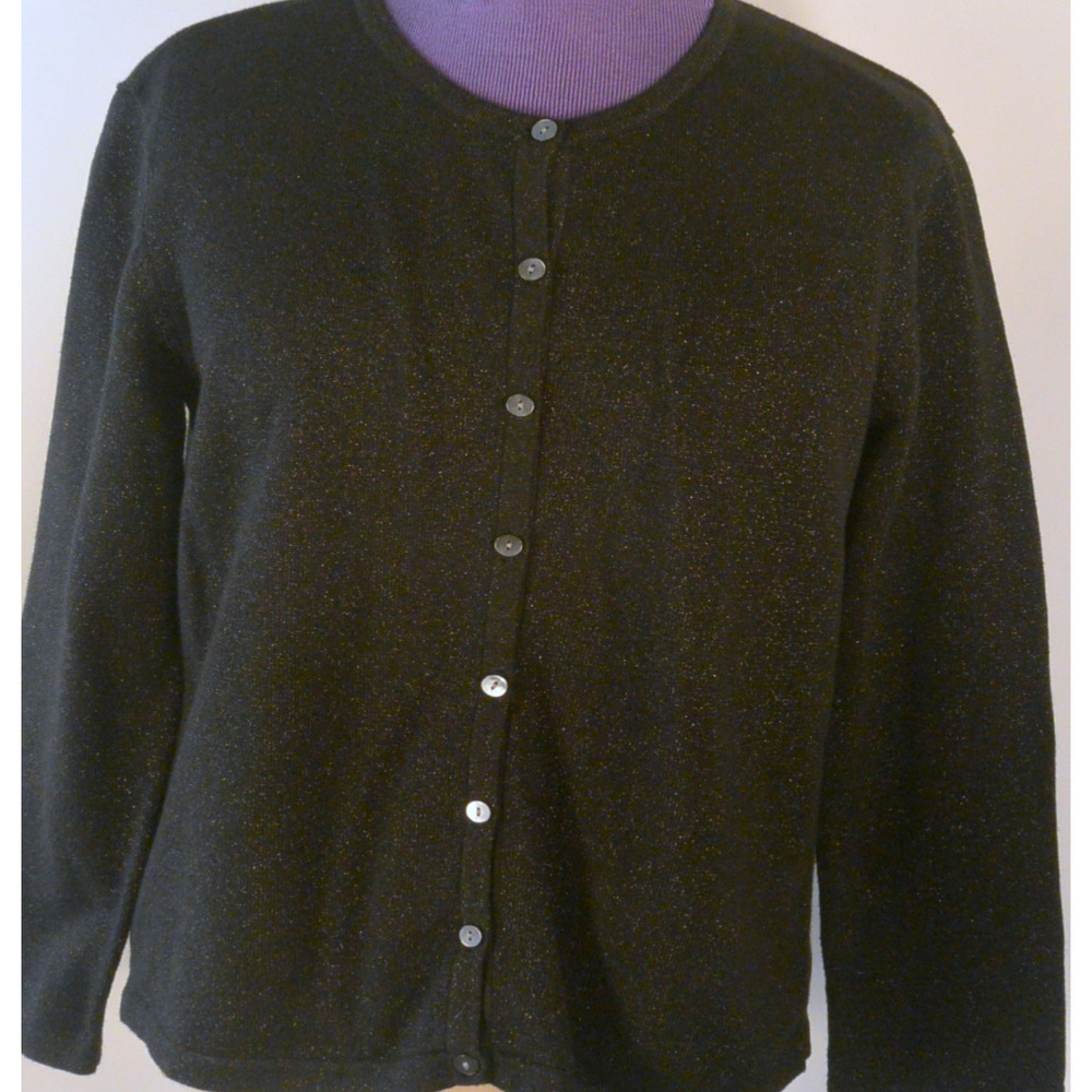 LIZSPORT Petite Black Metallic LS Cardigan Sweater
